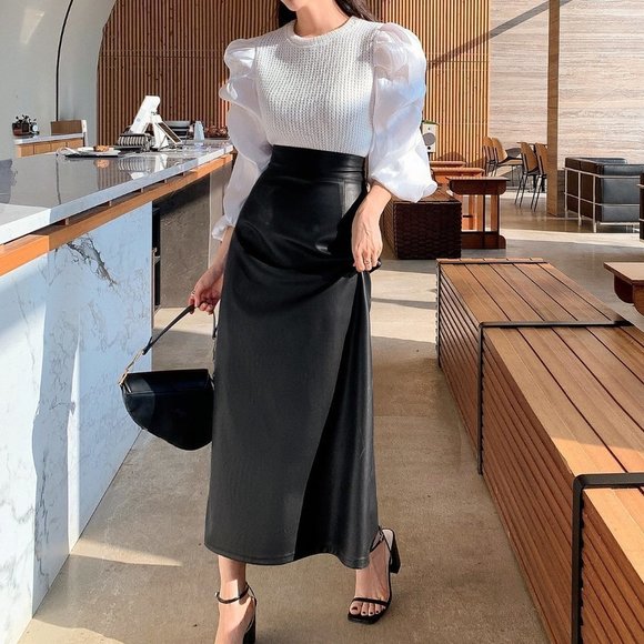 Black Casual Womens High Waist Split Hem PU Leather Skirt - Picture 3 of 5